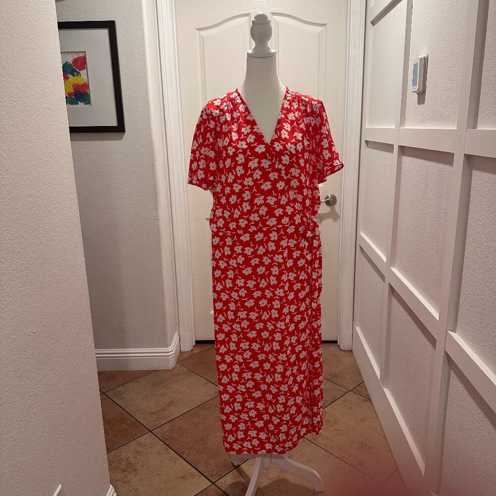 J. Crew Floral Print V-Neck Short Sleeve Tie Closure Wrap Dress Red Size 14